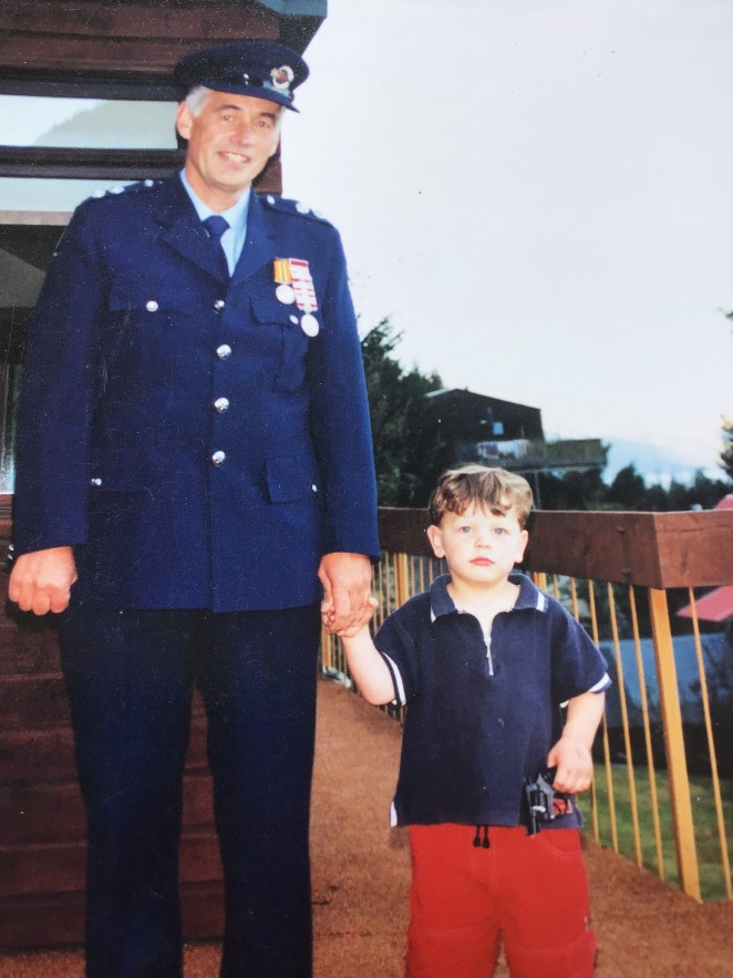 Alan in uniform left with grandson Connor Brown now a police officer