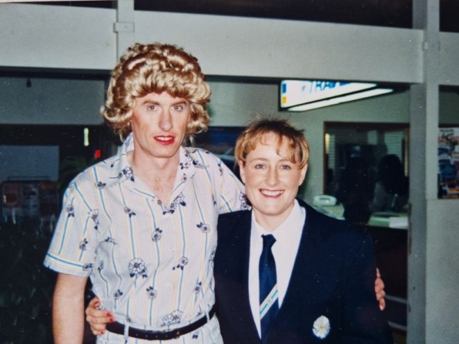 Alan left and workmate Lois at a charity drag night. Mount Cook staff worked The Mountaineer bar and the manager Tony Hill donated the proceeds to the new rescue helicopter