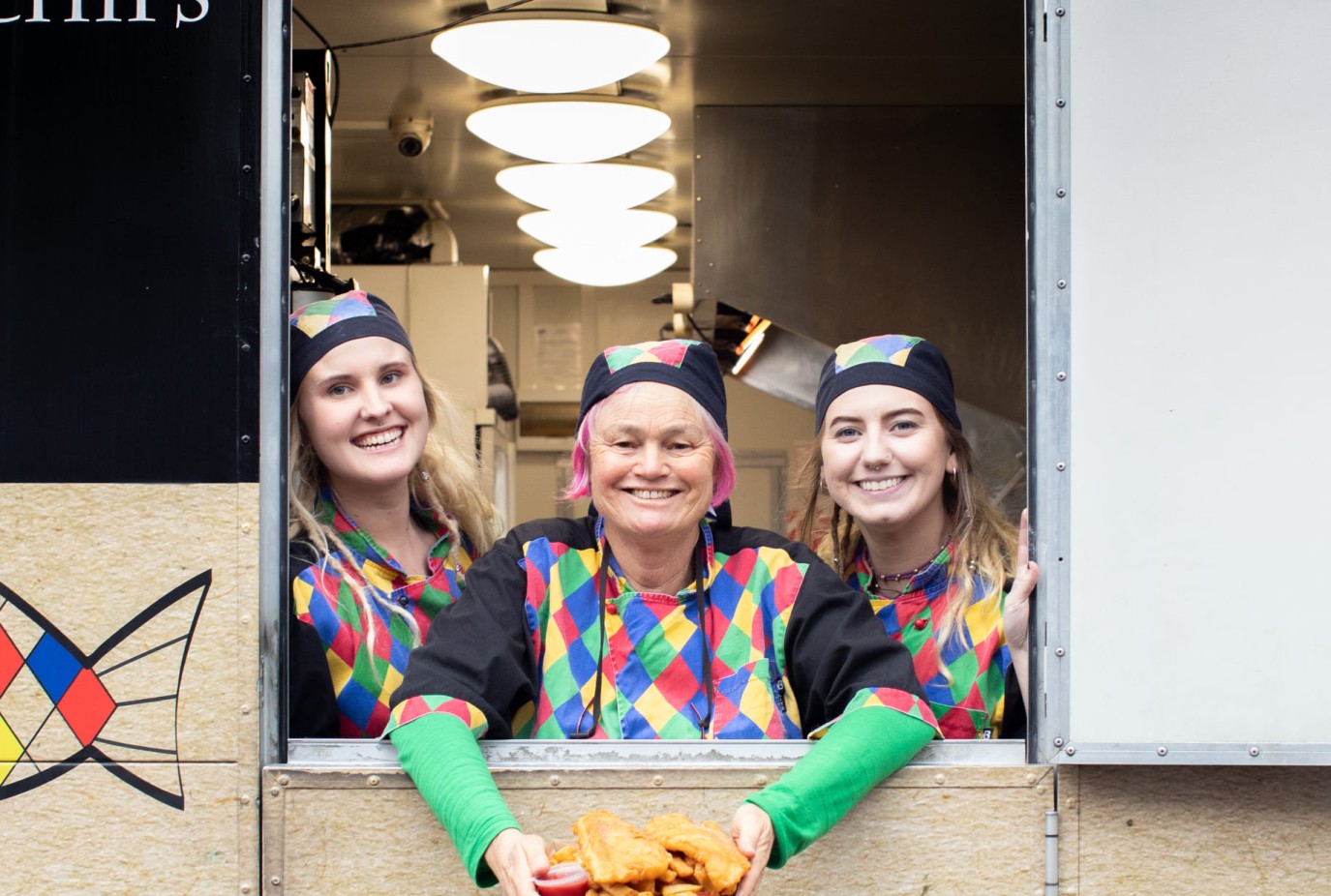 Anna centre on the job with Jenny left and Mia during the Eriks Fish and Chips days