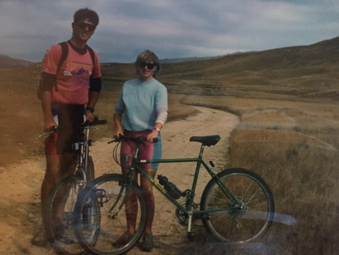 Brigit and husband Paul mountain biking through the Nevis Valley in the 1980s