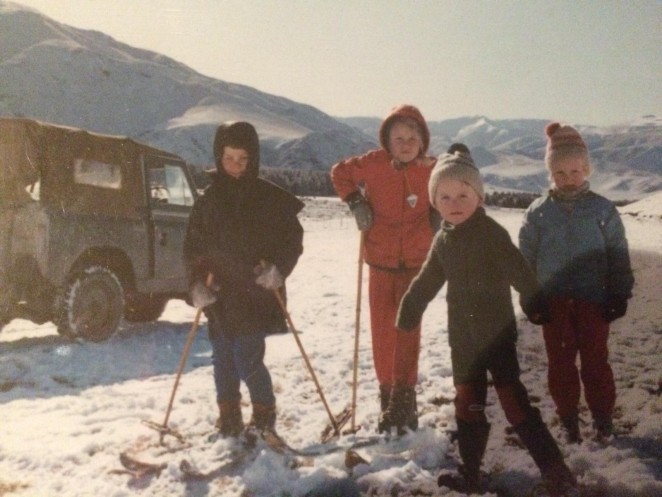 Brigit second from left in red with her younger brothers and sister on yet another family ski trip