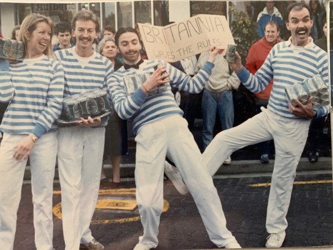 Britannia Waves The Rules Doug right with Micha Lenk left and staff hamming it up at the Winter Festival Parade in the late 1980s