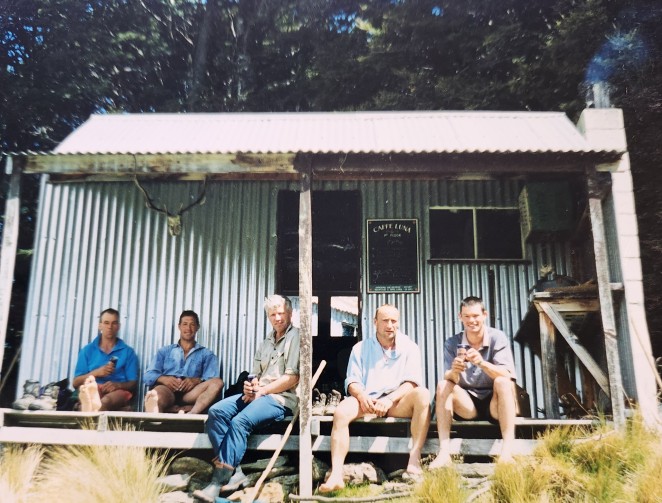 Bruce centre and his mustering crew from left Gene Bryce Lochie Ashton Bruce Brian Dagg and Simon Roughan at Lake Luna Hut on Mount Creighton Station in the 90s