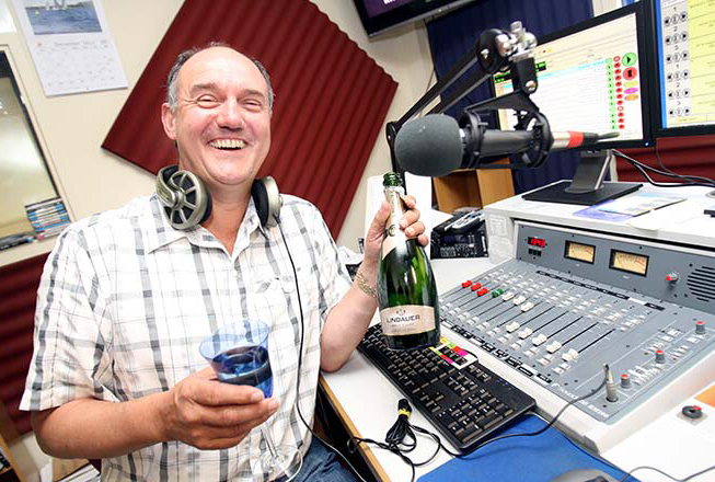 Celebrating 33 plus years behind the breakfast radio microphone Boggy McDowell on his last day at 4ZA in 2012