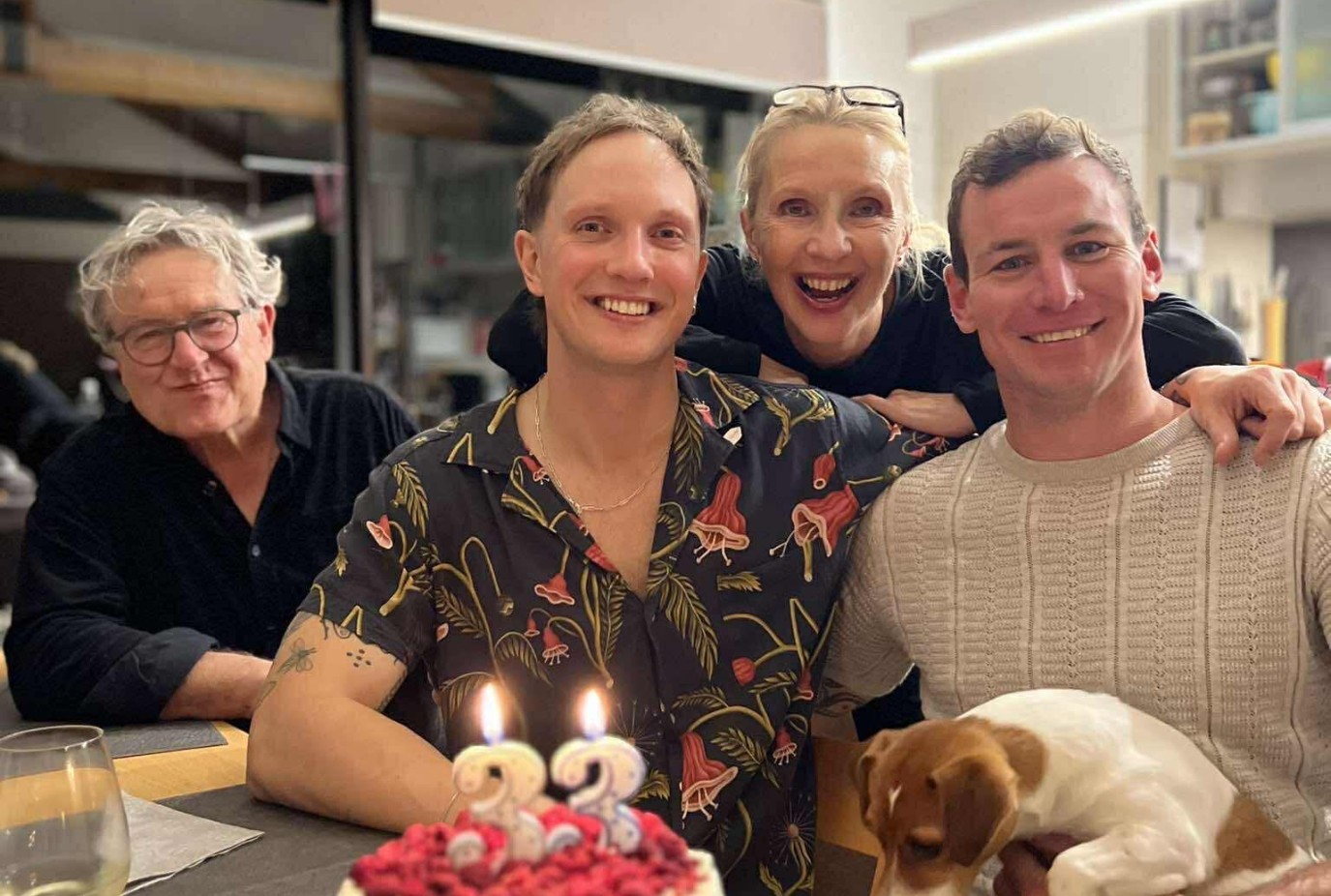 Celebrating son Marks birthday from left Kris Mark Kasia and Marks partner James with little Rhubarb