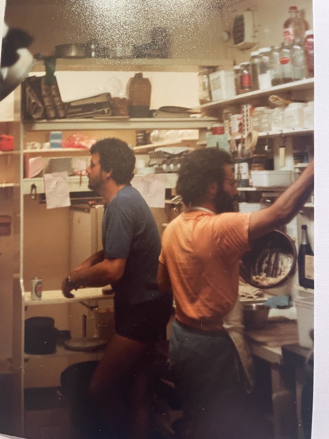 Dominic right and Roaring Megs partner Pete Maria at work in the restuarnts tiny cottage kitchen in the 1980s