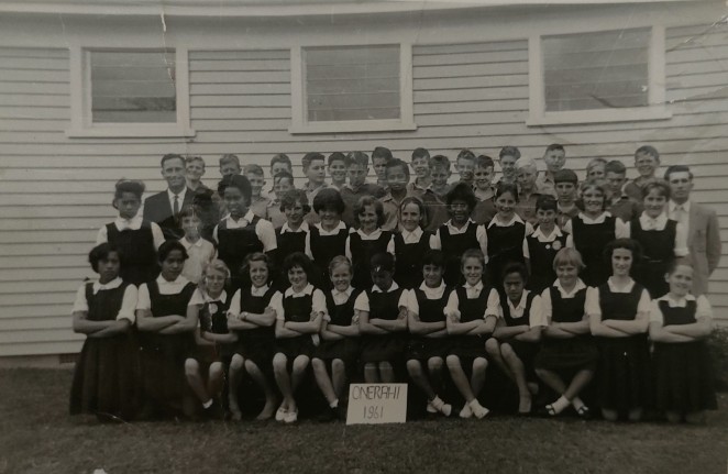 Fran second row in second from left in her Onerahi School photo in Whangarei