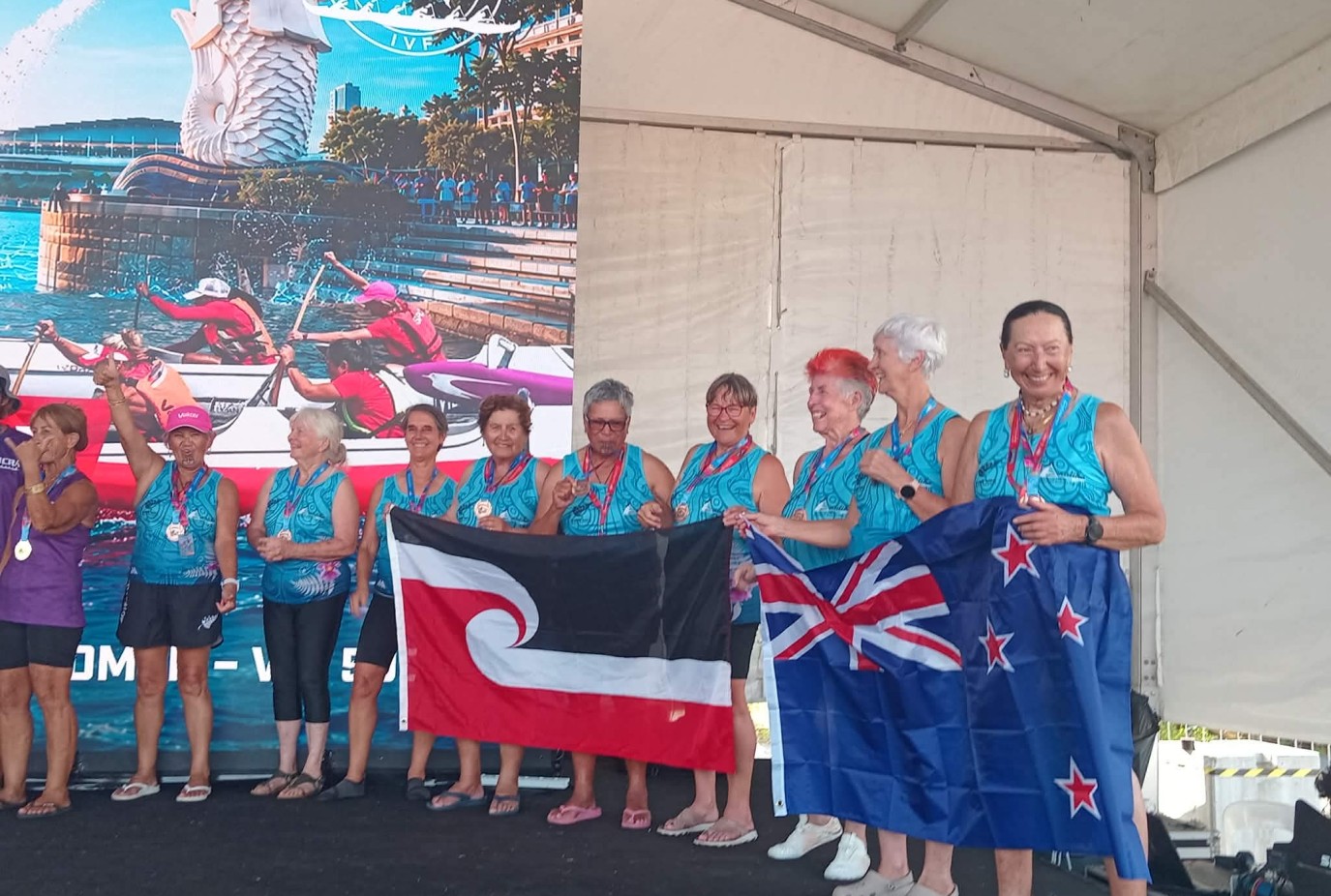 Francie far right and her triumphant 75 Plus NZ Womens Team that took out bronze at the World Waka Ama Sprint Championships late last month v2