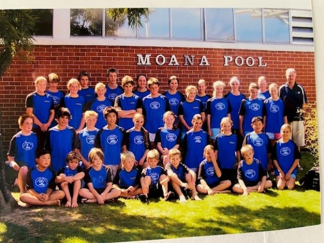 Frank right with his victorious Queenstown swimmers after the Otago Championships