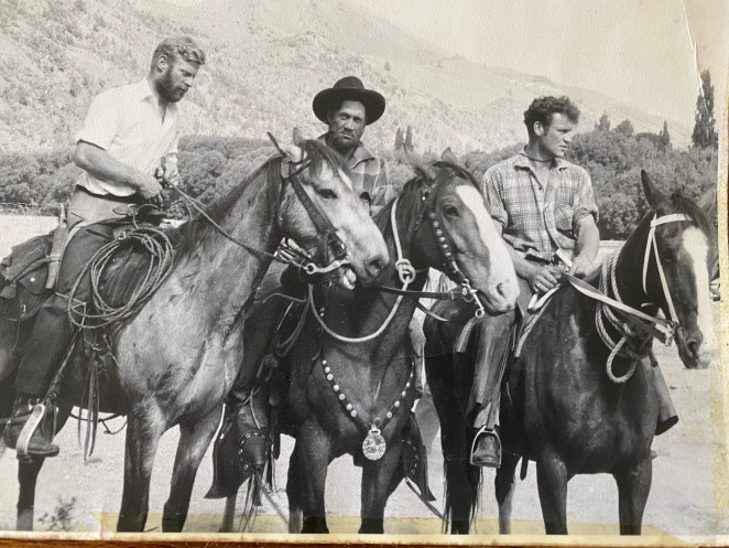 From leftJ top Aussie horseman Tim TinlinJ Branches runholder Lin Herron and Roy during an enactment for the Arrowtown Centennary celebrations in the 1960s