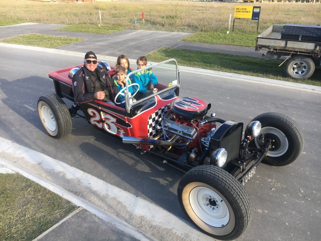 Gandaddy Cool Dennis picking up grandkids IndyJ Phoenix and Sonny from Shotover School in his 1923 T Bucket hot rod
