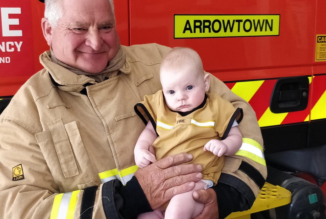 Garry and wannabe fireman grandson Cooper Rushton in matching outfits