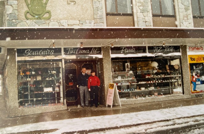 Gloria and Gordon checking out a decent snowfall from their Tiki Corner souvenir shop back in the day copy