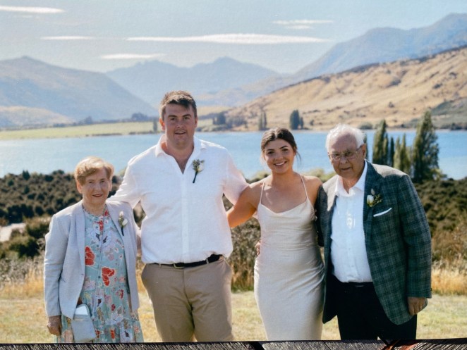 Gloria left with grandson Ben and wife Willow on their wedding day Gordon at right.