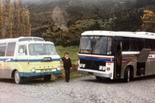 Helen back in the day after transferring passengers from her H H bus left on to the main passenger bus to Queenstown right.