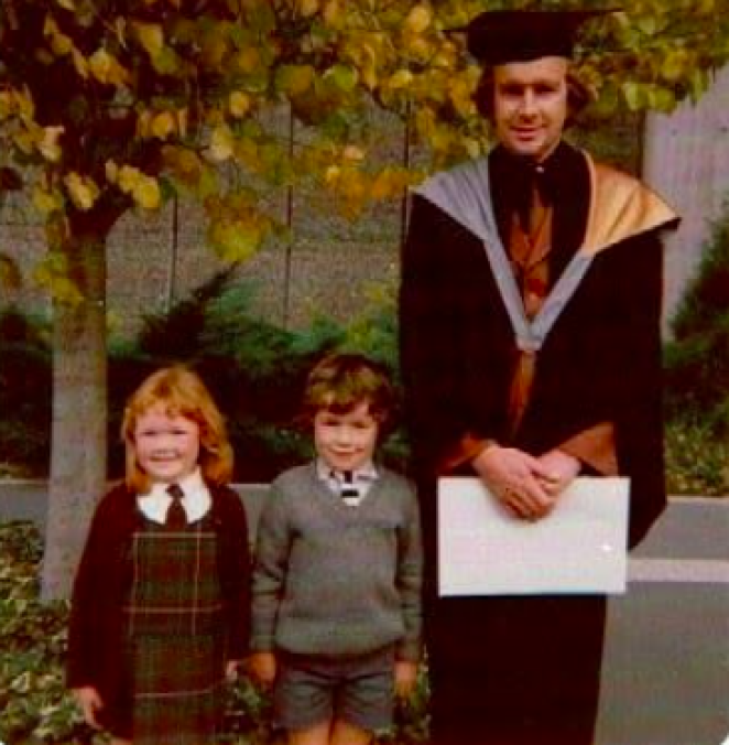 Ian at his Canterbury University graduation with his kids Jason 6 and Rachel 5