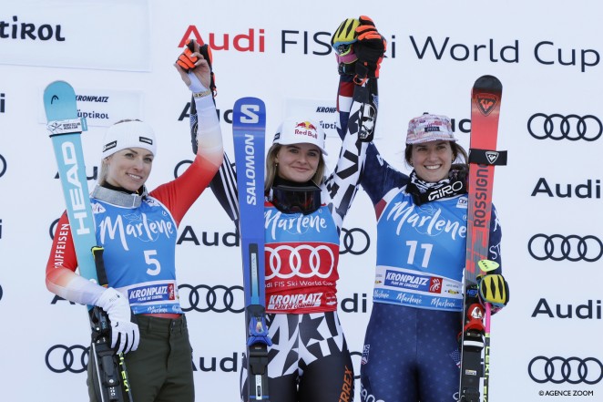 Image One Womens GS World Cup podium Kronplatz credit Christophe Pallot Agence Zoom