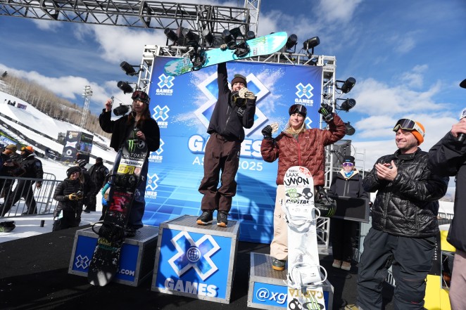 Image One Womens Snowboard Slopestyle Podium Aspen X Games credit Joshua Duplechian X Games