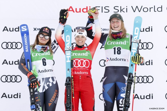 Image Two Womens GS World Cup podium Soldeu Credit Alexis Boichard Agence Zoom
