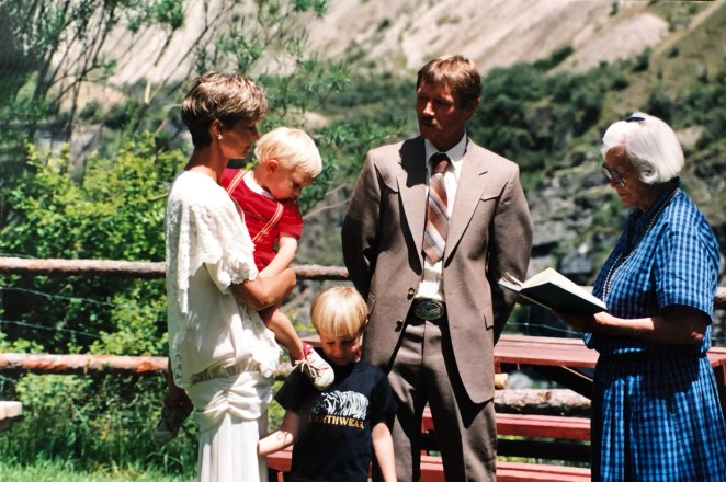 Jane left and Laurie being married by celebrant and local identity Nancy Williams at their Skippers home