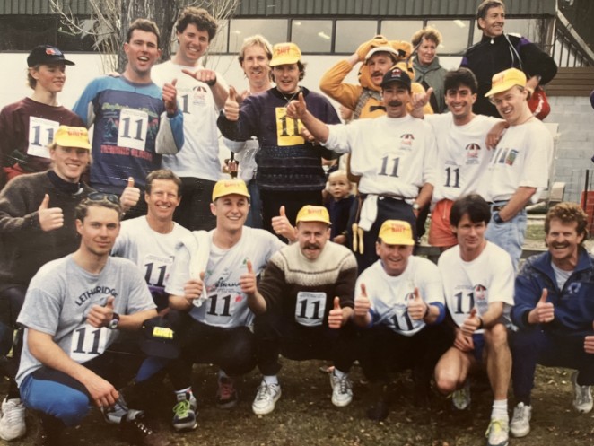 Jeff fifth from left centre back and his True Grit Avanti Peak to Park Relay team back in the 1990s.