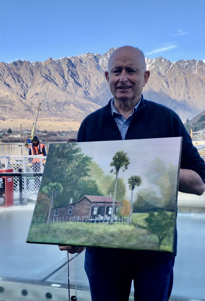 John and one of the amazing artworks hes produced during retirement art classes in Queenstown