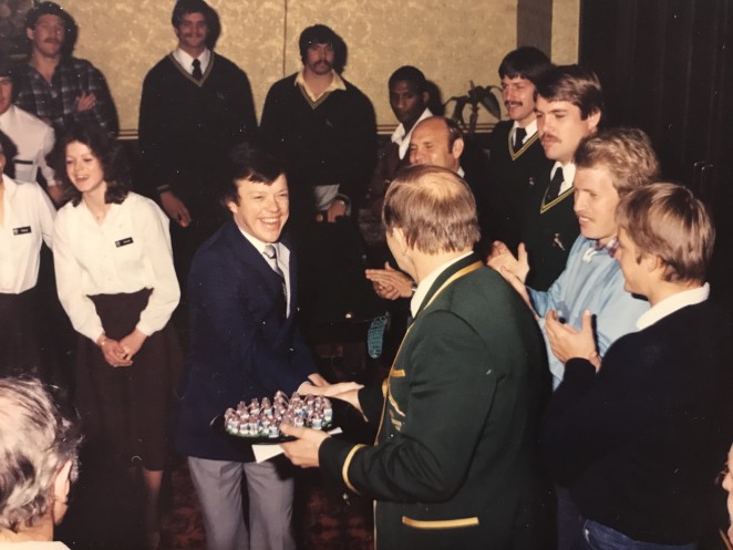 John as host and manager of the Grand Hotel in Whangarei presenting a gift to Johan Claassen and his 1981 Springbok team on the eve of the final test of the controversial tour.