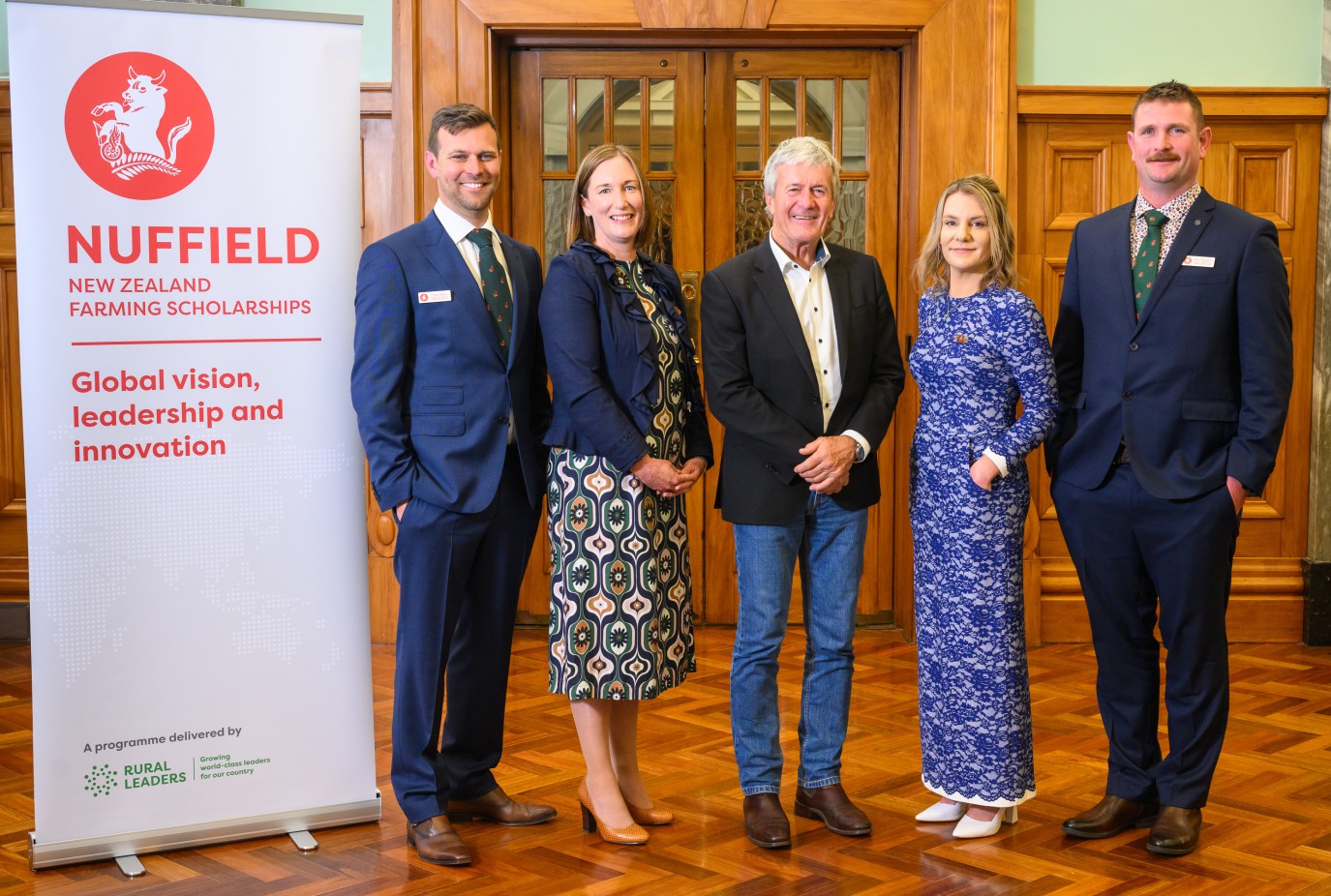 Left to right Carlos Bagrie Rachel Baker Jenna Smith and Peter Templeton receive their Nuffield Farming Scholarships with Minister OConnor centre