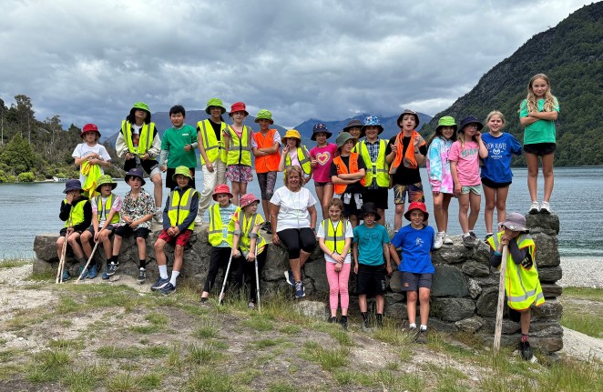 Lynda enjoying Outdoor Education Week at Bobs Cove with her last Queenstown Primary School class in 2023 before retiring from there after 30 years copy
