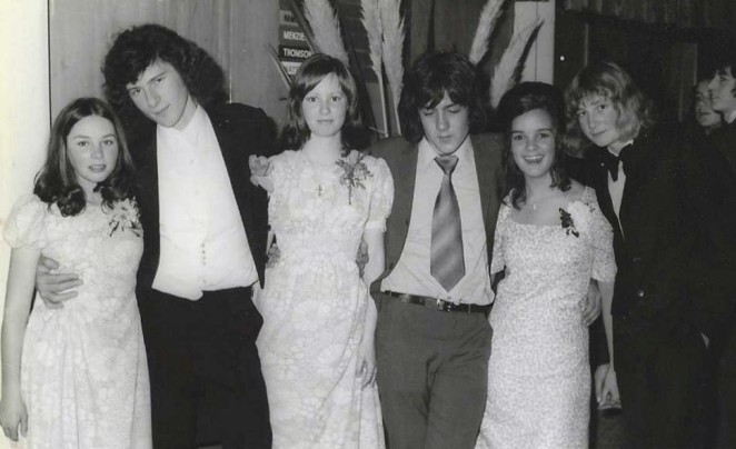 Lynda second right ex Queenstowner Dale Robertson third from left at the 1974 James Hargest High School formal copy