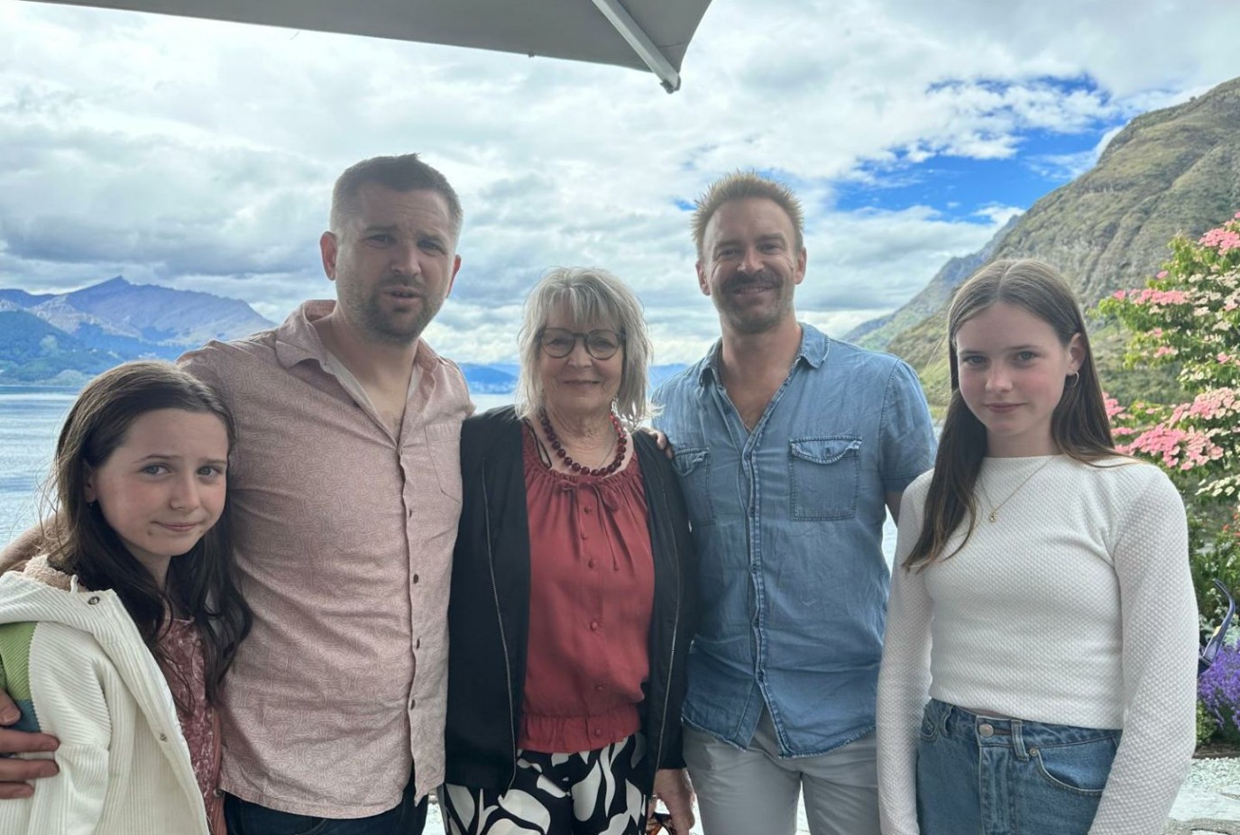 Mary centre with her family grandaughters Alex left and Georgia Hamish second left and Reuben at Walter Peak 2024