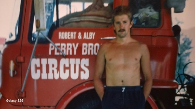 Mike during his younger Perry Bros Circus days touring Australia this photo taken the day he starred in a Wendy Matthews music video.