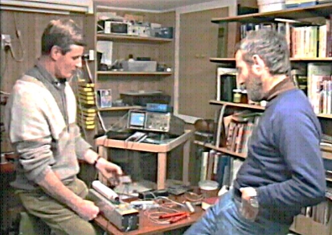 Mike left being interviewed about his lasers for national TV by Mike Lynch right.