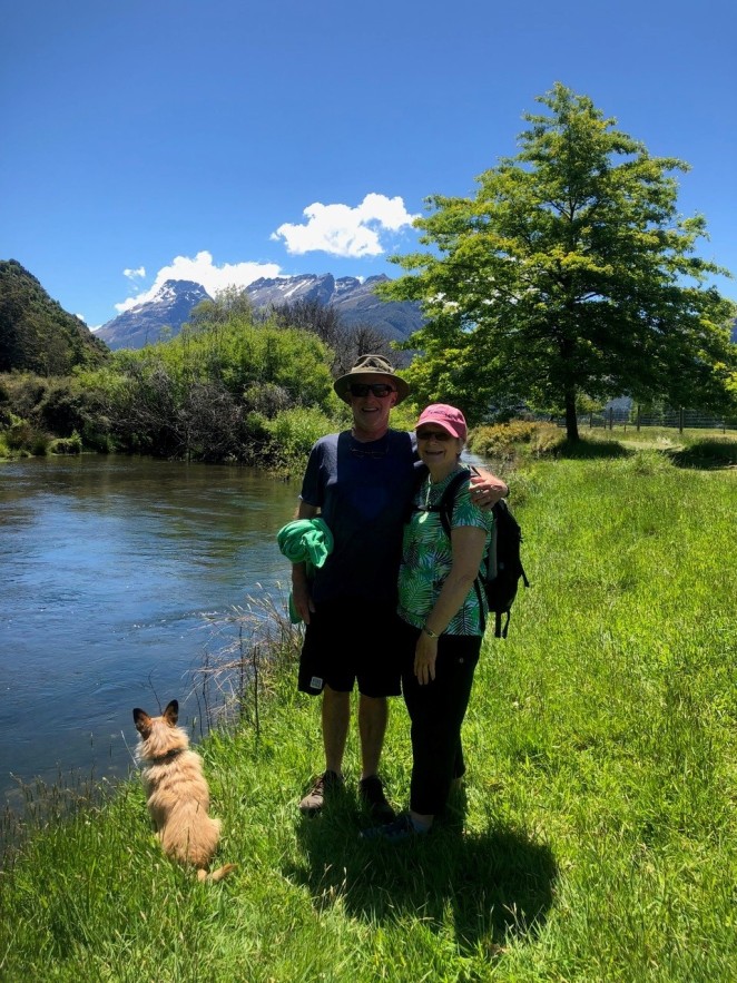 Nick and wife Jo fishing up Diamond Creek with their dog Holly