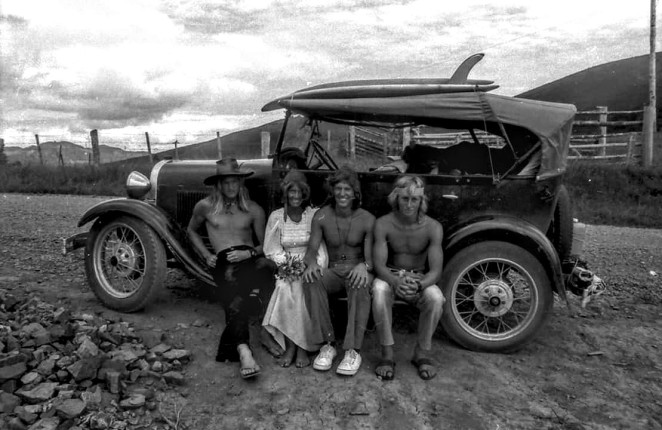 Nigel third from left in his younger days on a surf safari with his mates in the Far North