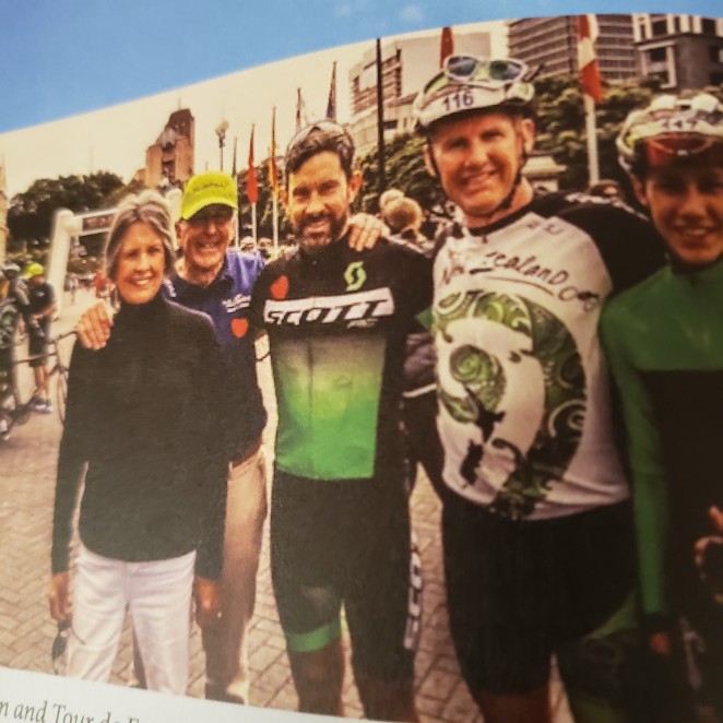 Pete and his family with Tour of NZ ambassador Julian Dean seven times competitor in the Tour de France in Parliament grounds at the final day criterium