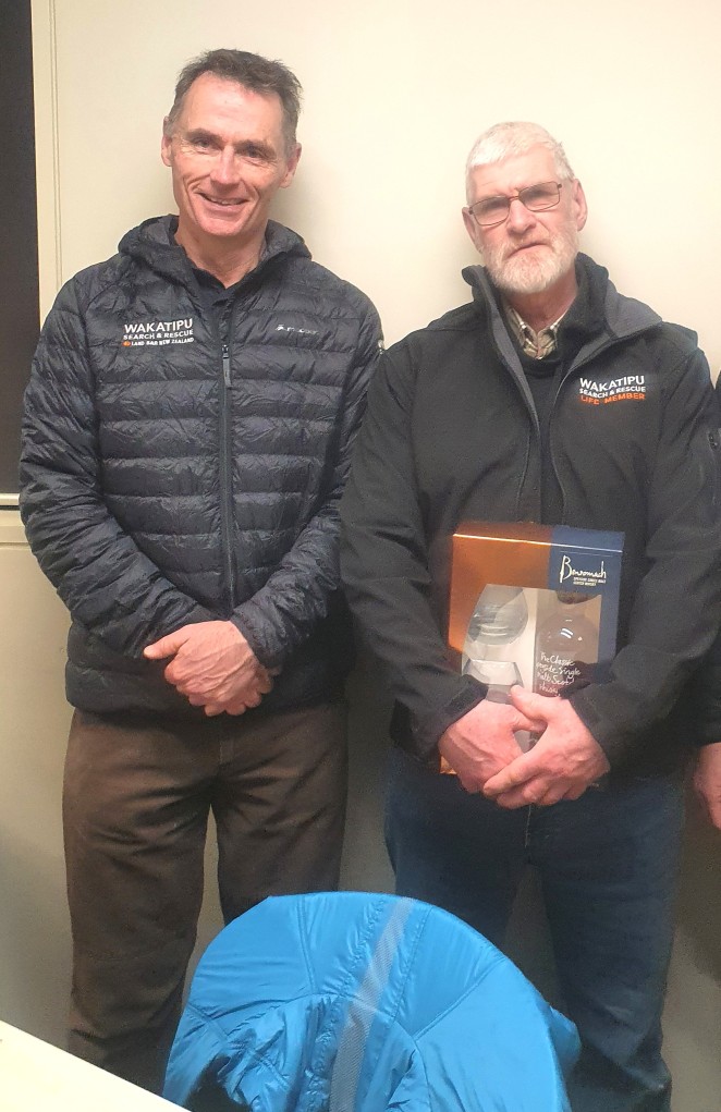 Richard right after receiving his Wakatipu Search and Rescue Life Membership in 2019 with local Police SAR Senior Sergeant John Fookes at left.