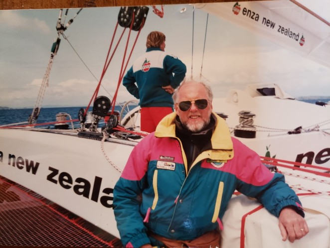 Russell front back in the day with Enza and its famous skipper Sir Peter Blake behind in the Hauraki Gulf