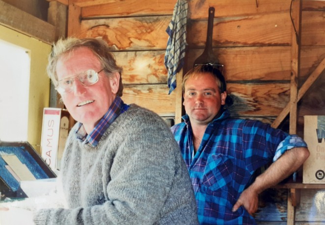 Russell left back in the day in the secretarys hut at the Waihemo Collie Club dog trials with club president Jono Bell