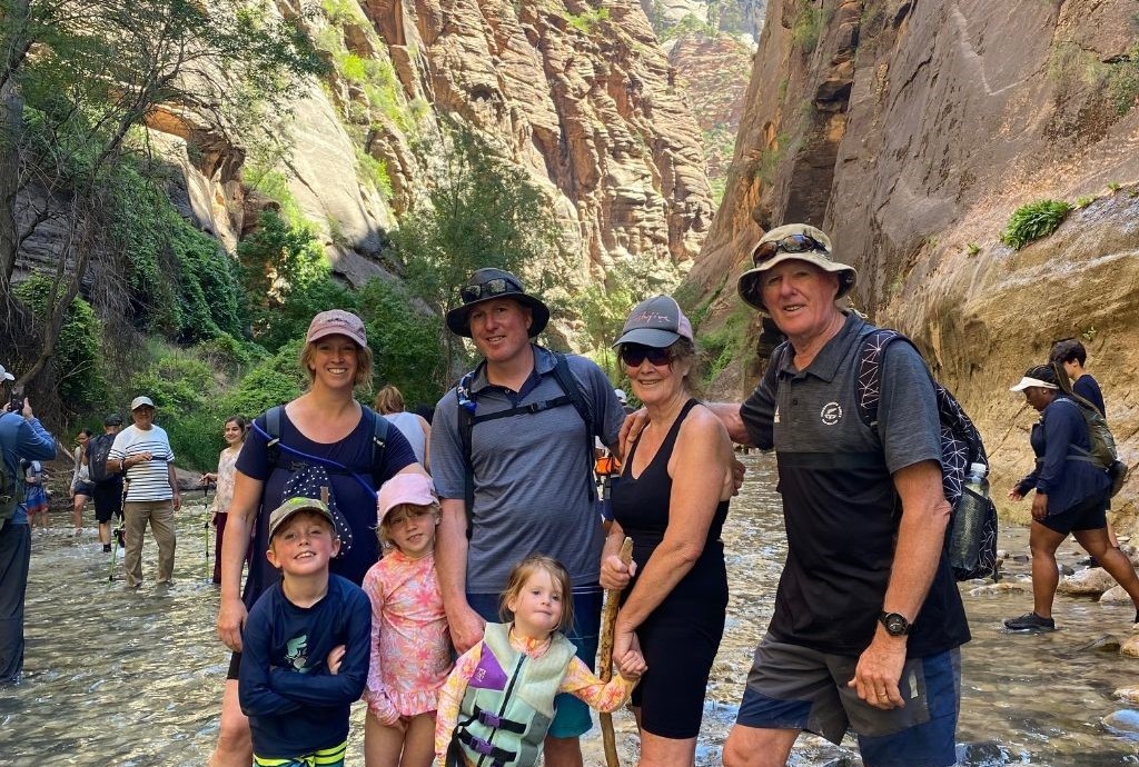 Russell right with family from left Jessica Jono and Clare and grandchildren front from left Huxley Ayla and Harris in Zion National Park Utah USA