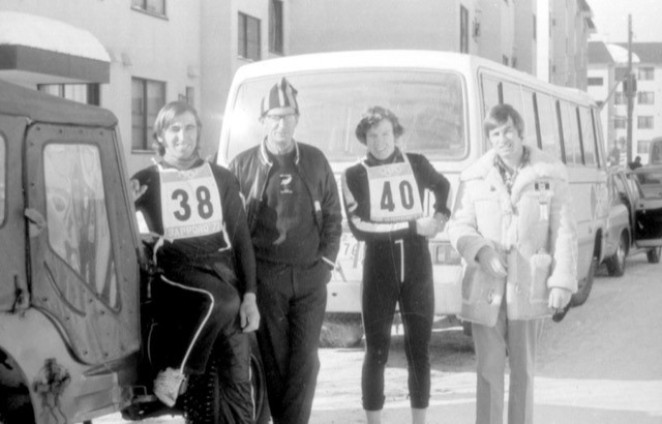 Sapporo Feb 72 N Z Ski Team. Ross Ewington Bill Ward NZSA Chris Womersley Hudson Turnbull