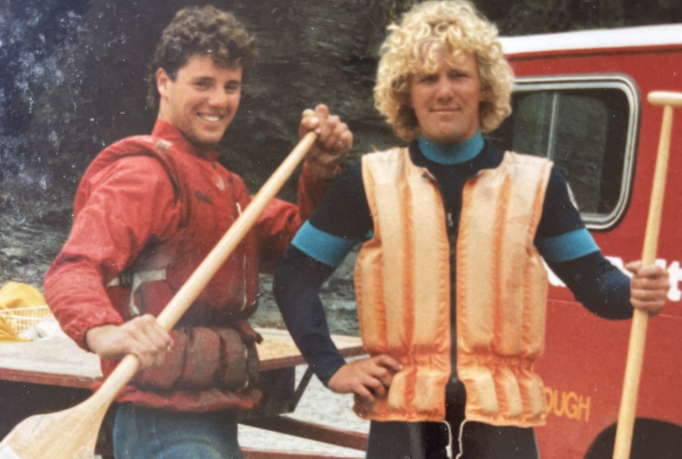 Showing how its done PaulJ leftJ on a rafting trip with Aussie mate Tom Ellis during their days working for Kawarau Rafts in the 1980s copy