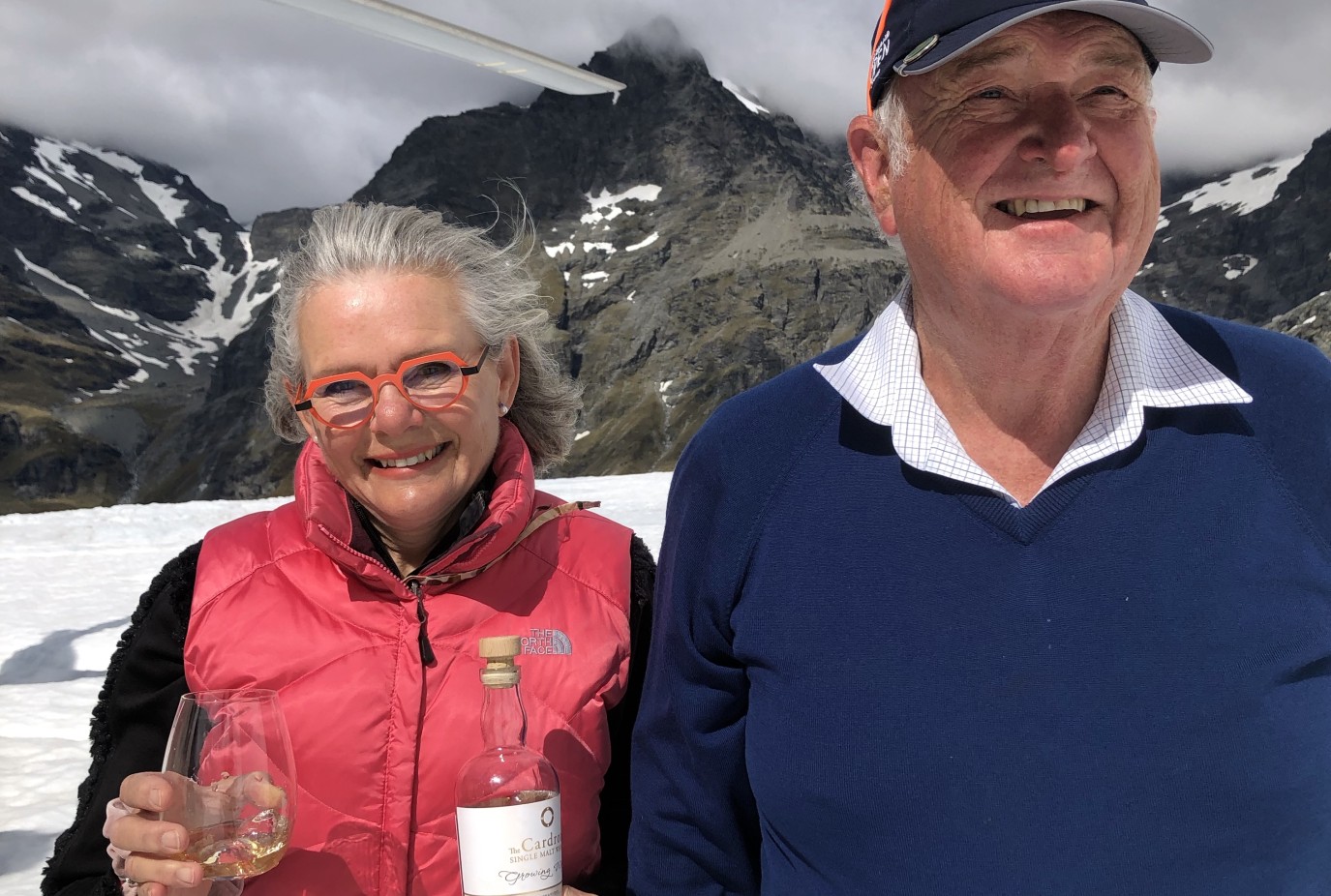 Simon right and Ngaire celebrating a friends 70th in the snow with Over The Top 2021