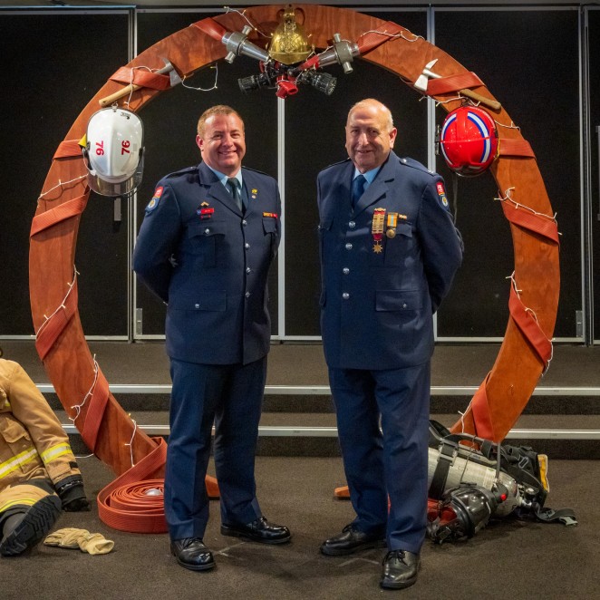 Son Mike Ide left and Stu both awarded honours at the Fire Service Gold Star Awards night 2022