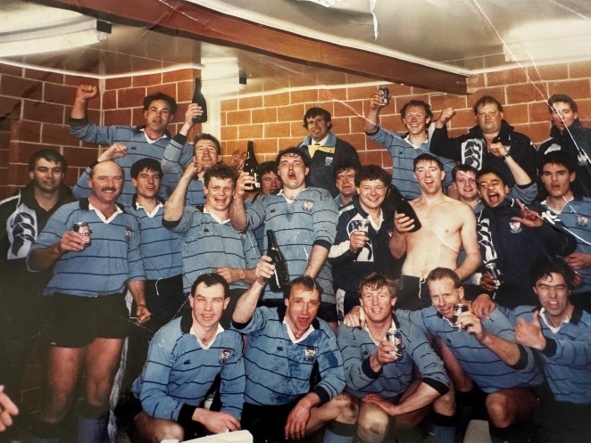 Spud centre right top off celebrating with the boys after the winning Wakatipu Premierss won the White Horse Cup and Central Otago Championship early 1990s copy