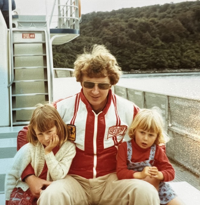 Stuart with daughters Kate left and Sarah on a Milford Sound cruise in 1979