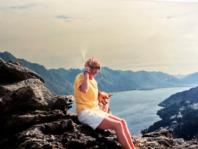 Sylvia walking the Gazzards corgi Katie up Queenstown Hill