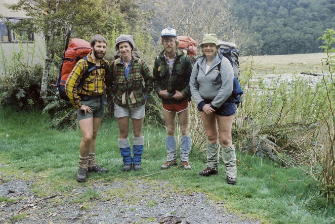 Tish right tramping with from left Lindsay and Liz Key and Paul Clark October 1986