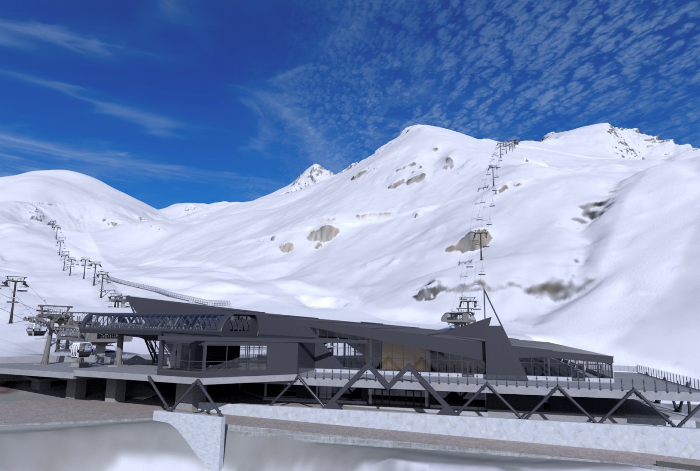View of proposed base building expansion at The Remarkables. Proposed gondola line is on left