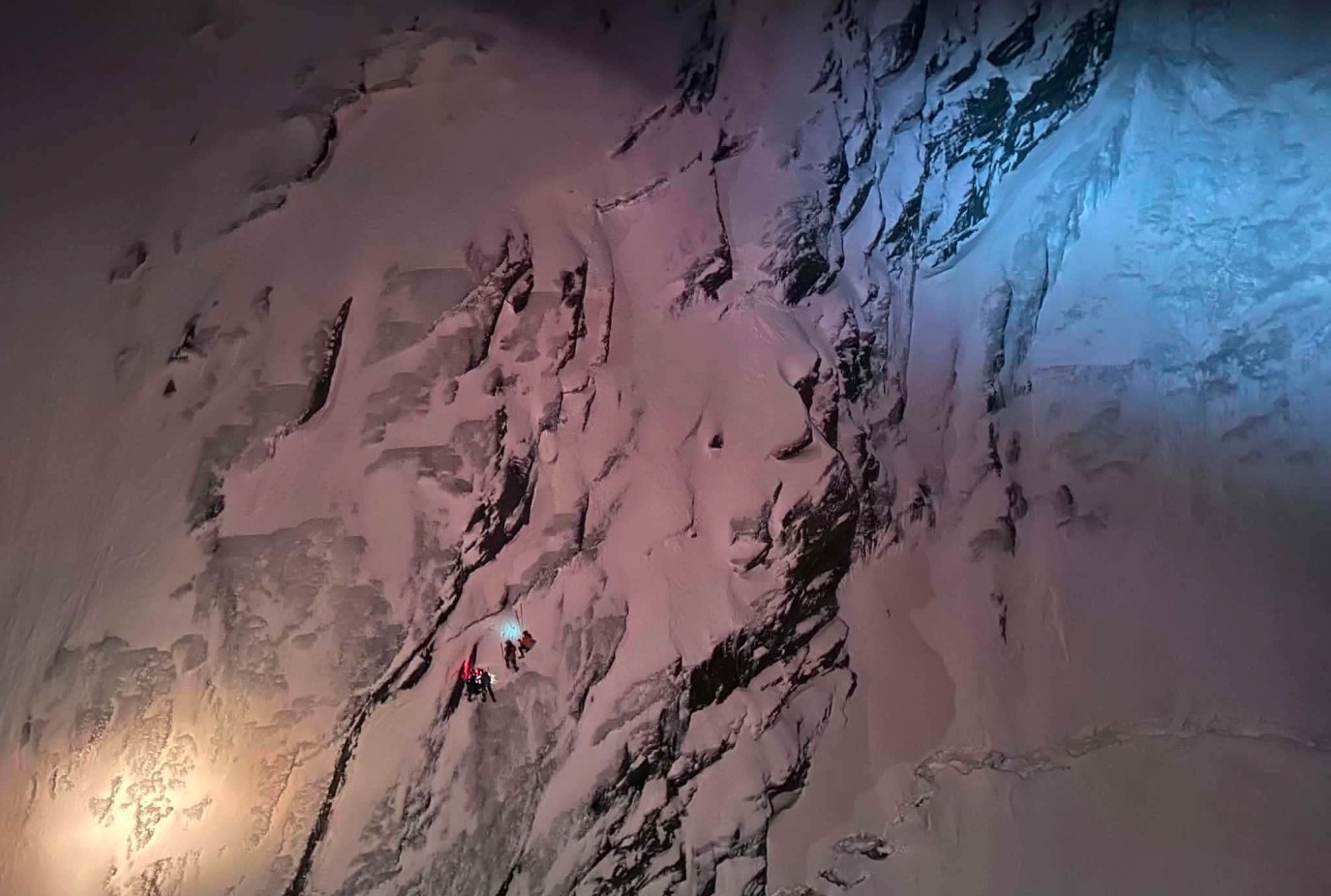 Wakatipu specialist rescuers reach a pair of young climbers stranded high on Mount Aspiring late last Tuesday night 30 June Photo Wakatipu Alpine Cliff Rescue Team